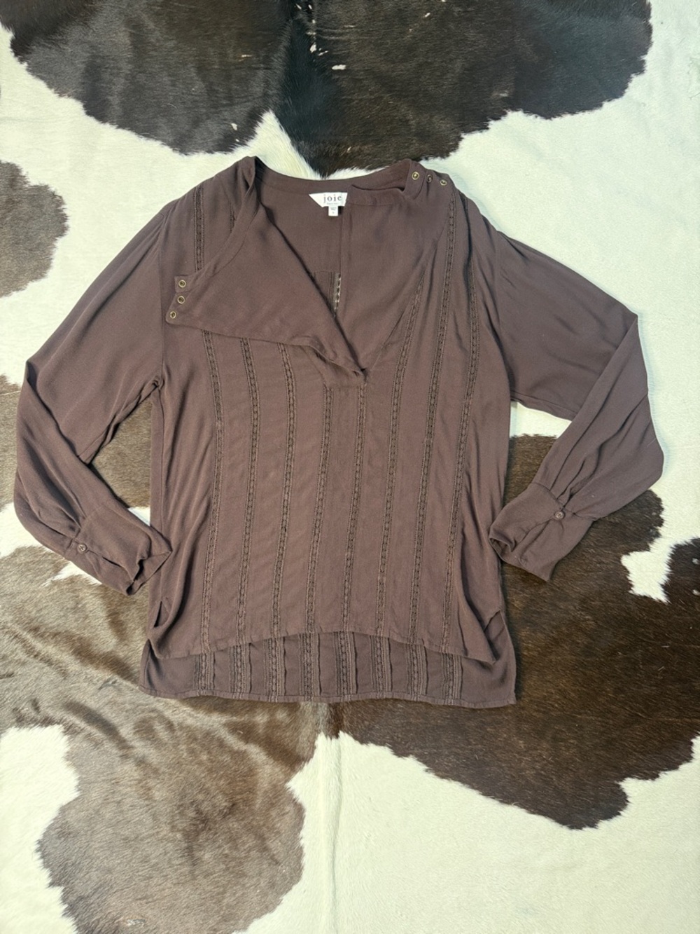 Joie Dark Brown V-Neck Long Sleeve Blouse with Lace Trim